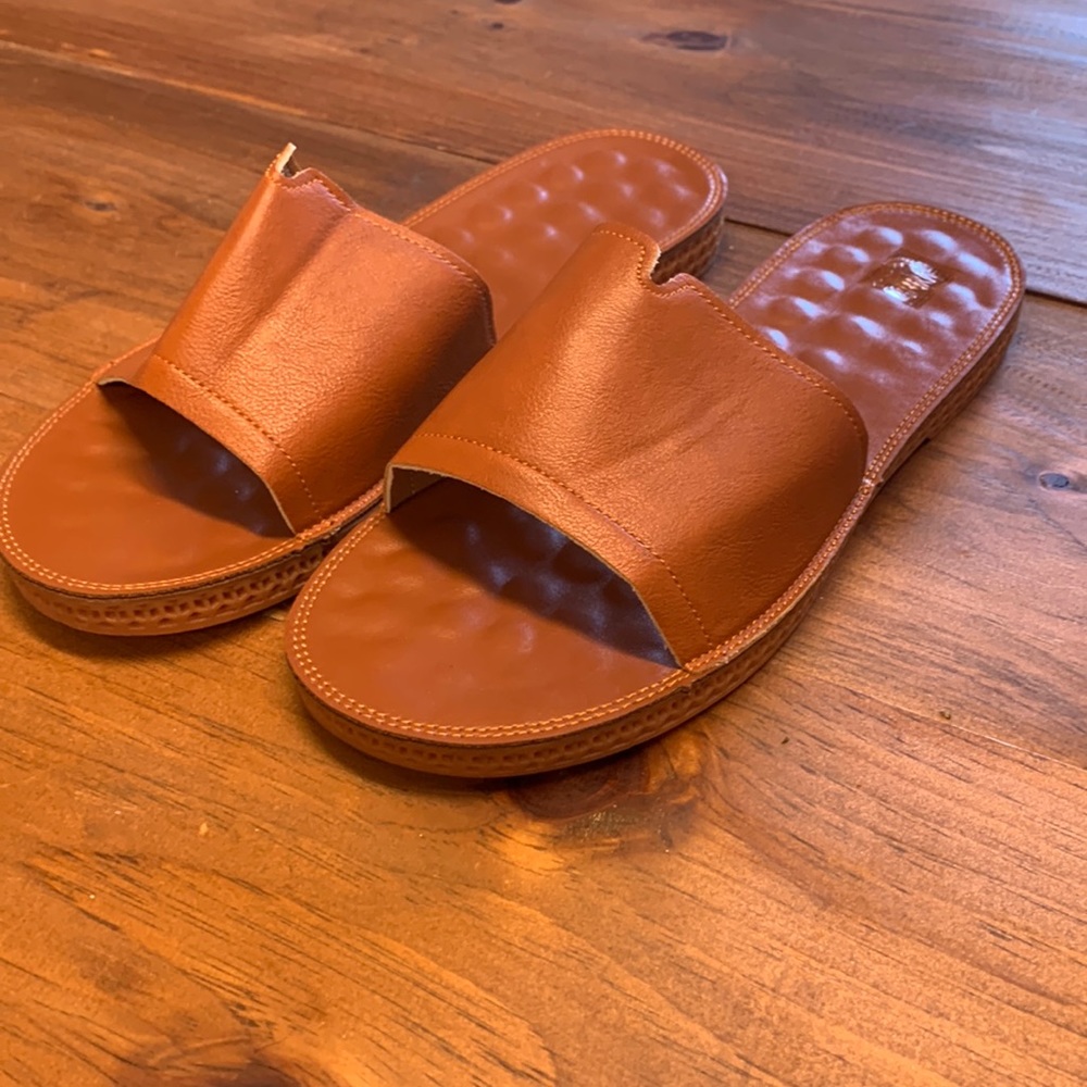 Brown Faux Leather Slides